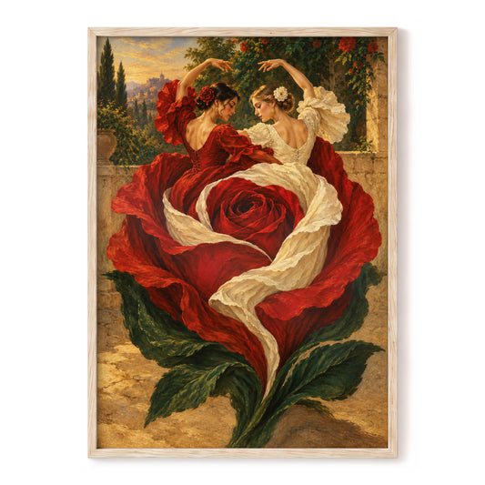 Rosebound Dancers, red, beige, green floral wall art, front artwork view
