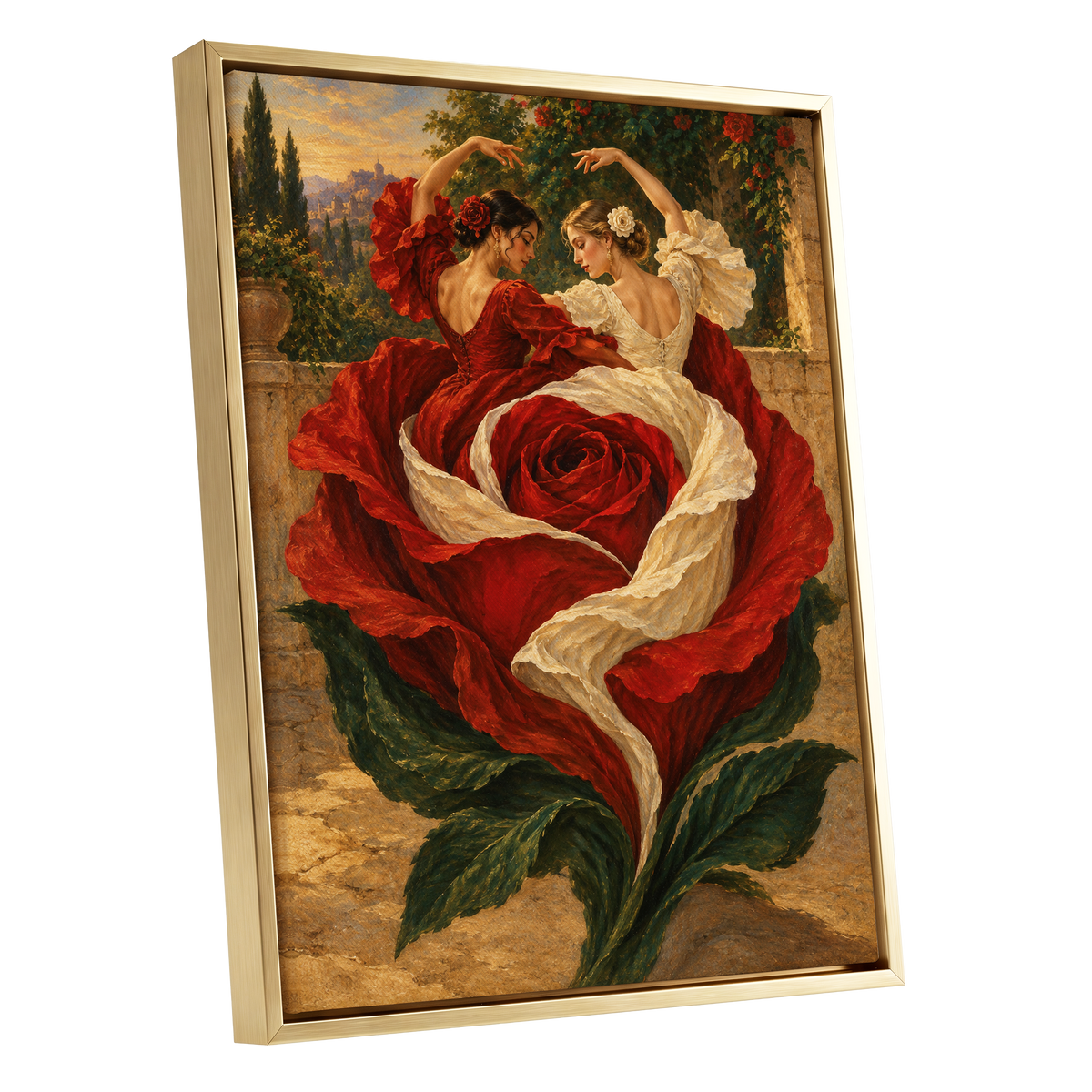 Rosebound Dancers, red, beige, green floral wall art shown as a gold framed canvas wall art