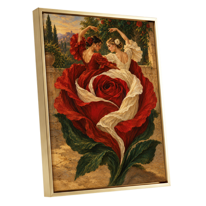 Rosebound Dancers, red, beige, green floral wall art shown as a gold framed canvas wall art