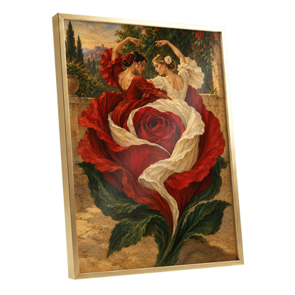 Rosebound Dancers, red, beige, green floral wall art shown as a gold framed poster wall art print