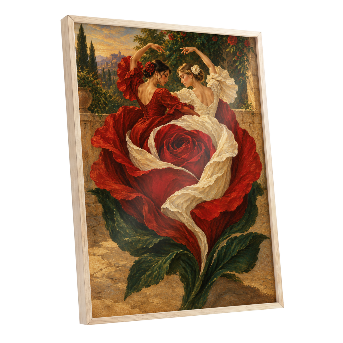 Rosebound Dancers, red, beige, green floral wall art shown as a oak framed poster wall art print