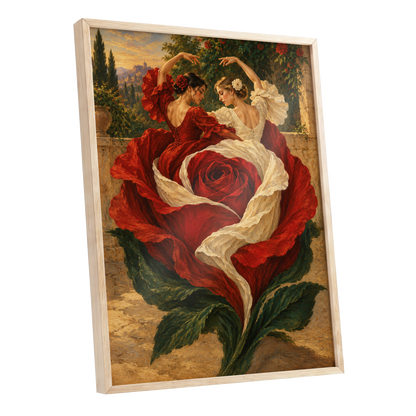 Rosebound Dancers, red, beige, green floral wall art shown as a oak framed poster wall art print