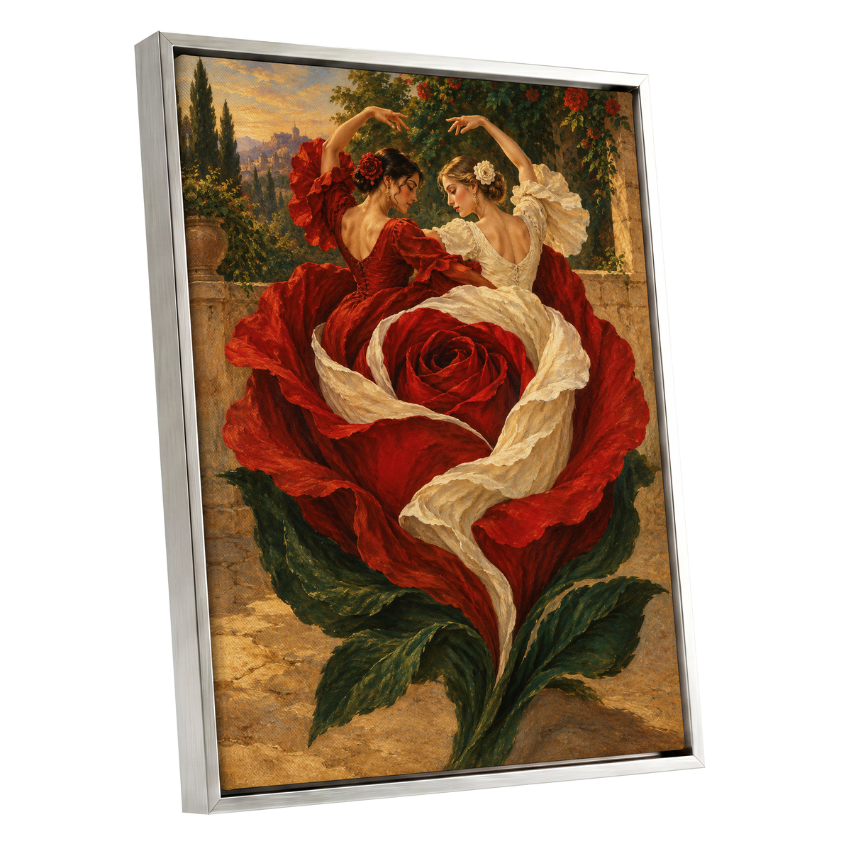 Rosebound Dancers, red, beige, green floral wall art shown as a silver framed canvas wall art