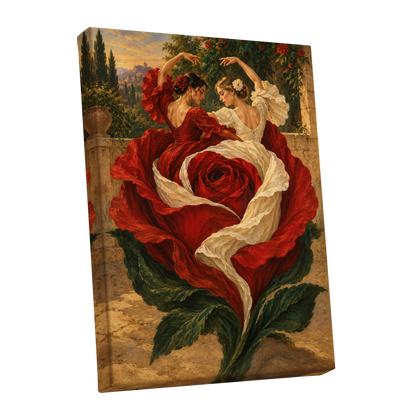 Rosebound Dancers, red, beige, green floral wall art shown as a stretched canvas wall art