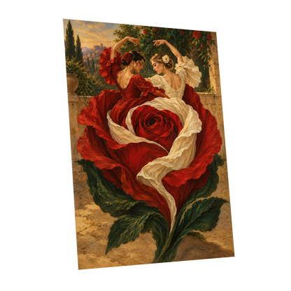 Rosebound Dancers, red, beige, green floral wall art shown as a unframed poster wall art print