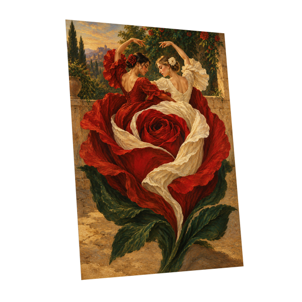 Rosebound Dancers, red, beige, green floral wall art shown as a unframed poster wall art print