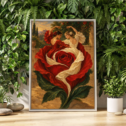 Rosebound Dancers, red, beige, green floral wall art displayed in a styled interior, gallery view 1