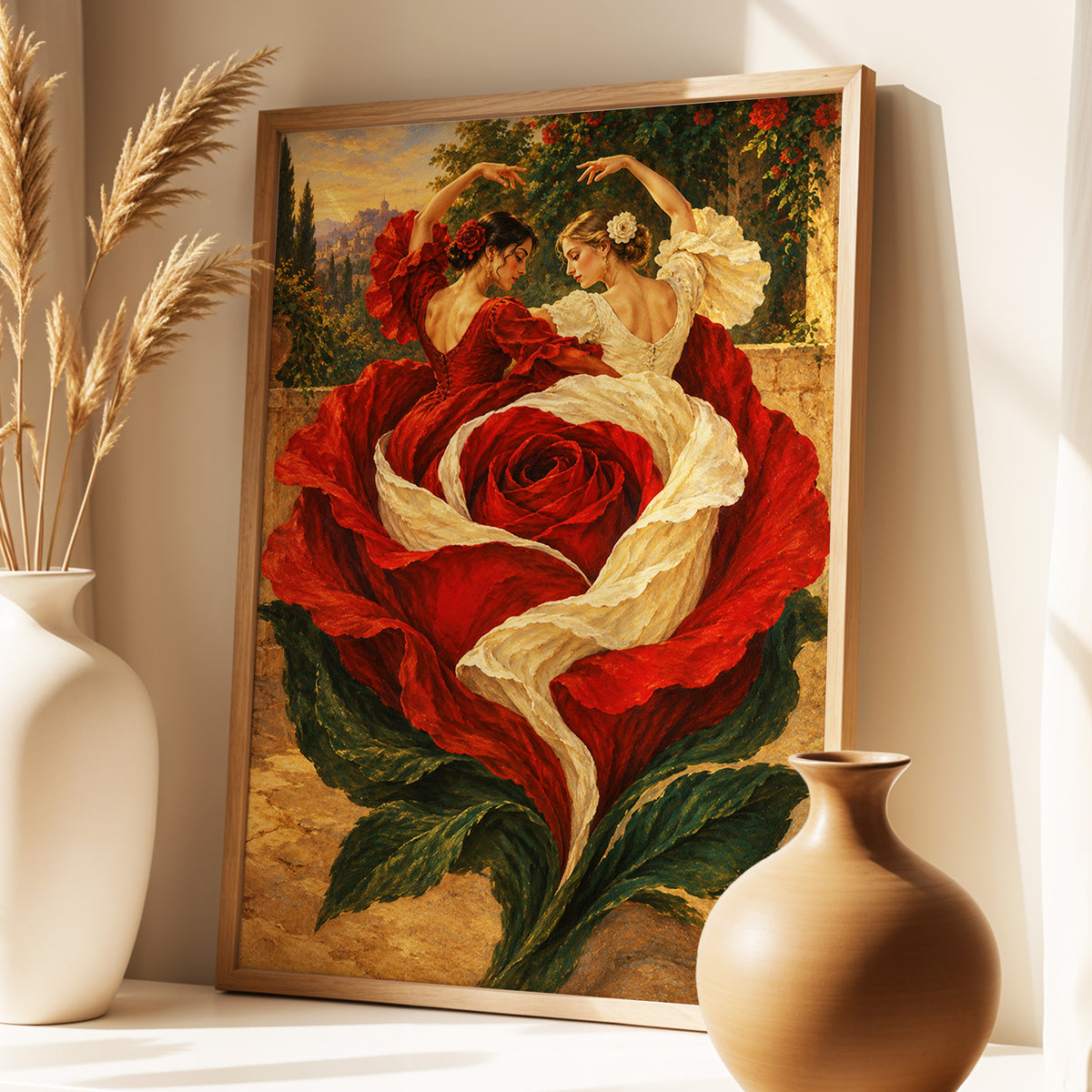 Rosebound Dancers, red, beige, green floral wall art displayed in a styled interior, gallery view 2