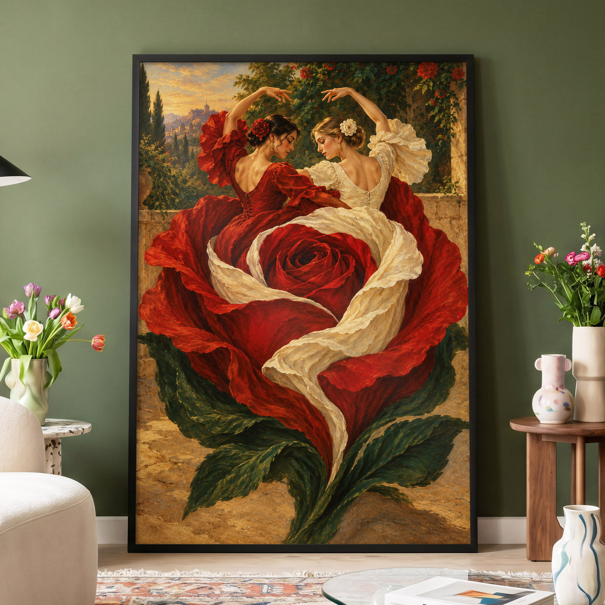 Rosebound Dancers, red, beige, green floral wall art displayed in a styled interior, gallery view 3