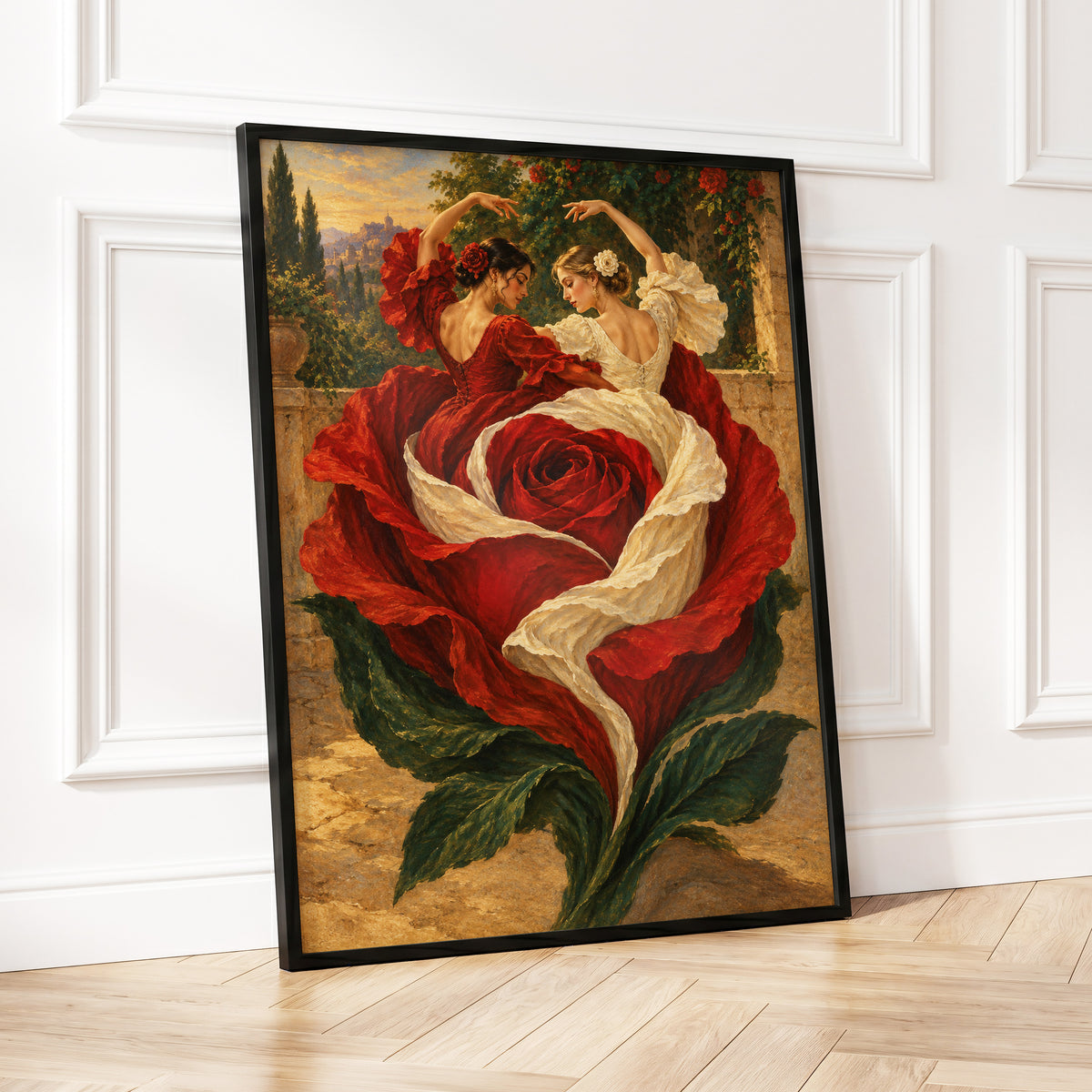 Rosebound Dancers, red, beige, green floral wall art displayed in a styled interior, gallery view 4