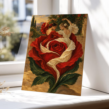 Rosebound Dancers, red, beige, green floral wall art displayed in a styled interior, gallery view 5