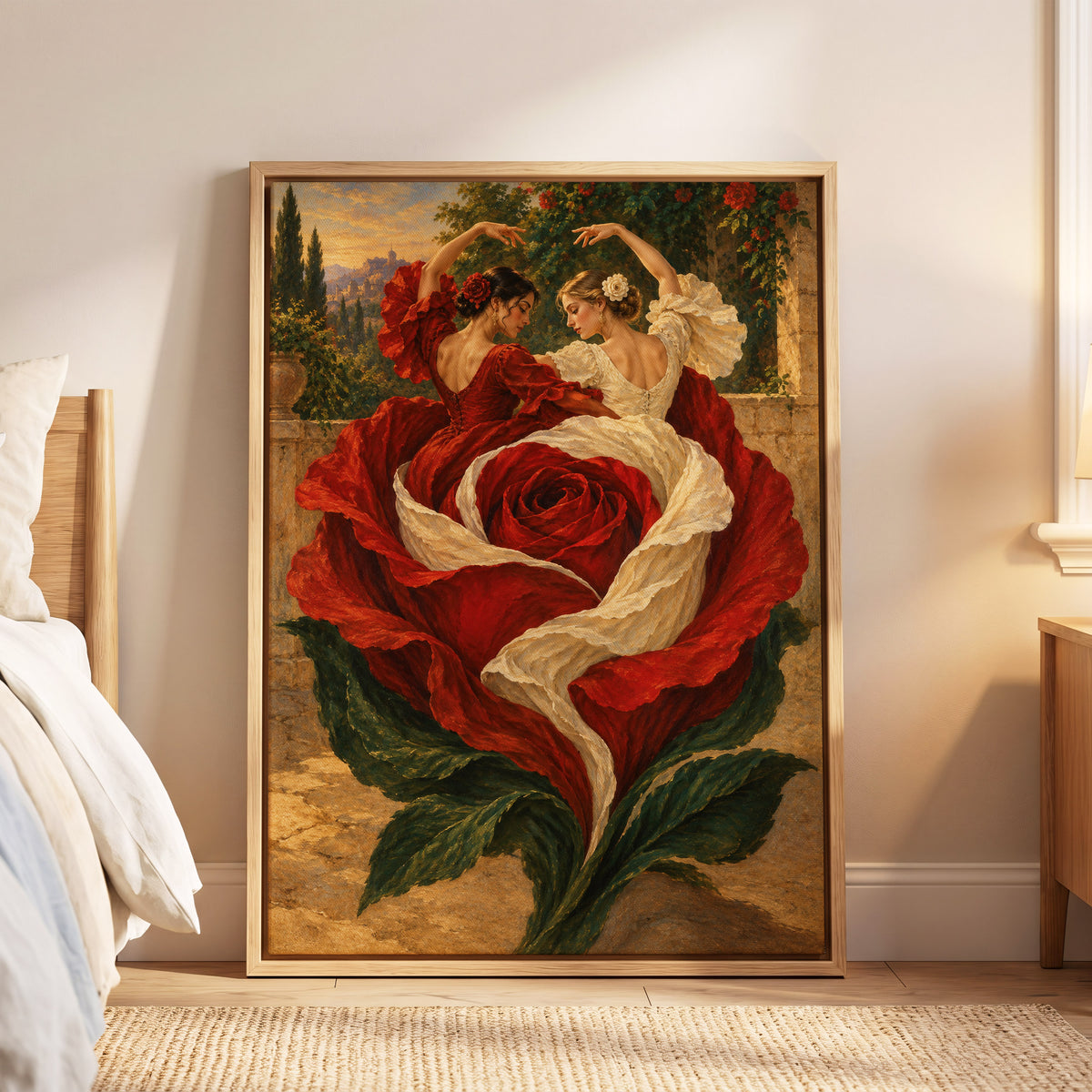 Rosebound Dancers, red, beige, green floral wall art displayed in a styled interior, gallery view 6