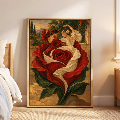 Rosebound Dancers, red, beige, green floral wall art displayed in a styled interior, gallery view 6