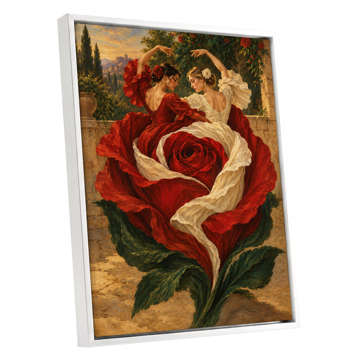 Rosebound Dancers, red, beige, green floral wall art shown as a white framed canvas wall art