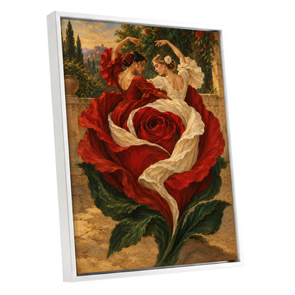 Rosebound Dancers, red, beige, green floral wall art shown as a white framed canvas wall art