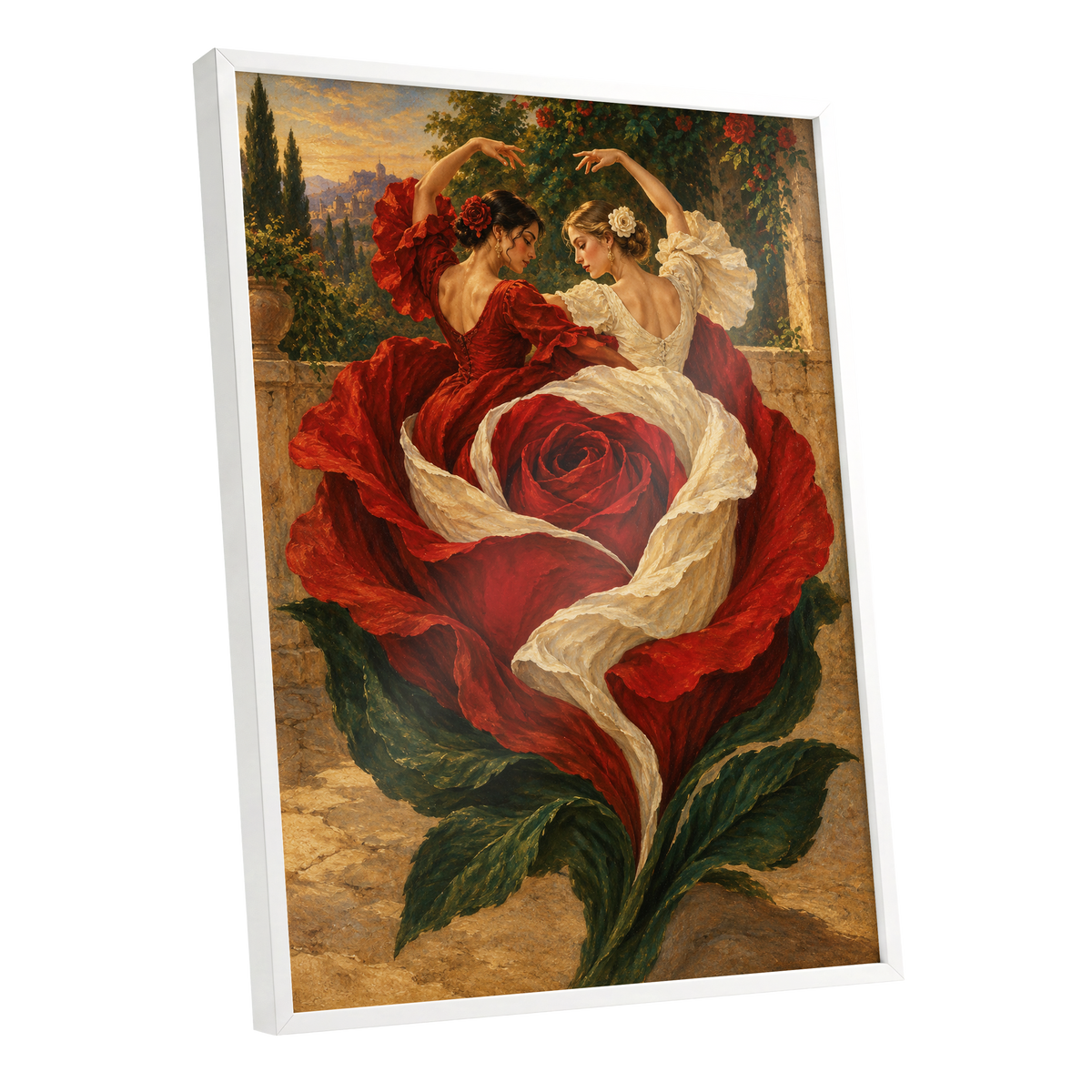 Rosebound Dancers, red, beige, green floral wall art shown as a white framed poster wall art print