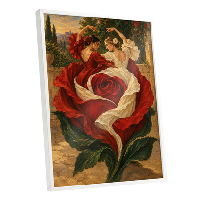 Rosebound Dancers, red, beige, green floral wall art shown as a white framed poster wall art print