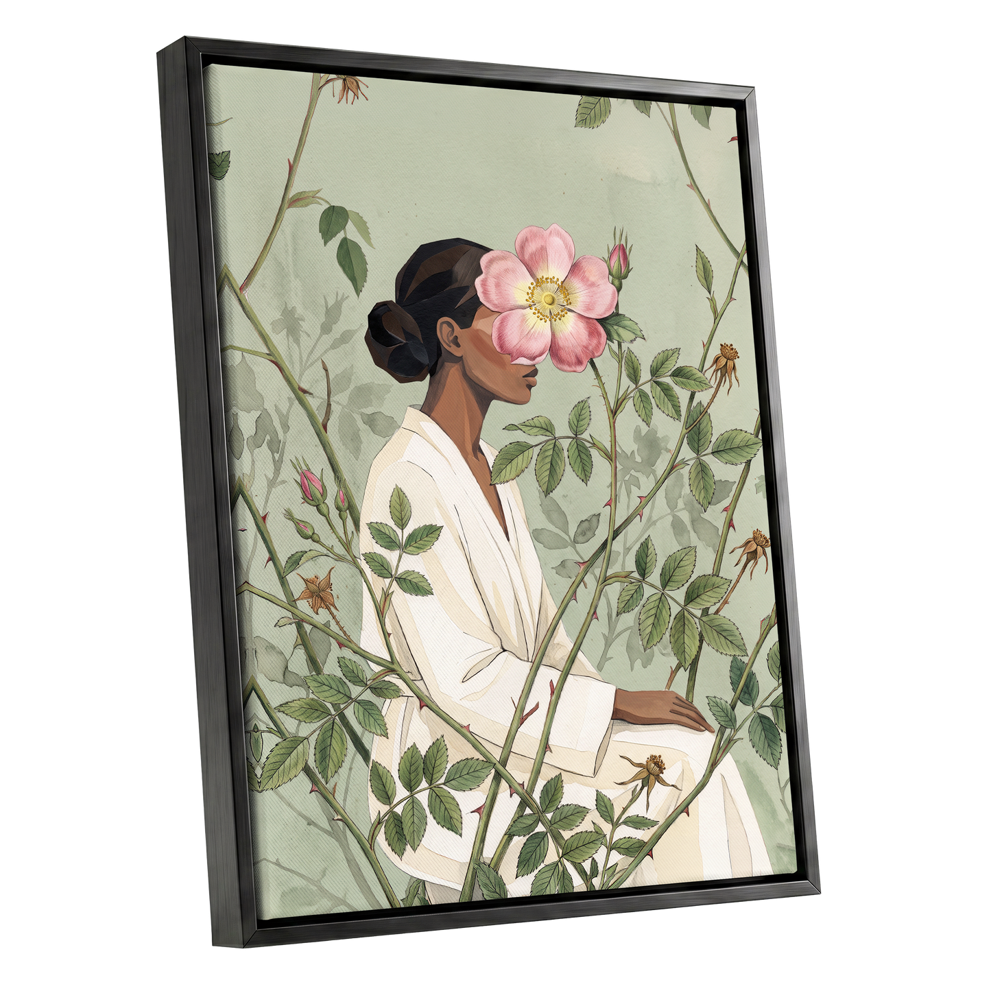 Rosebound Reverie, green, beige, pink floral wall art shown as a black framed canvas wall art