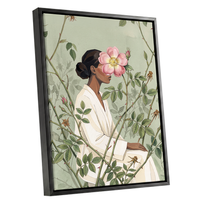 Rosebound Reverie, green, beige, pink floral wall art shown as a black framed canvas wall art