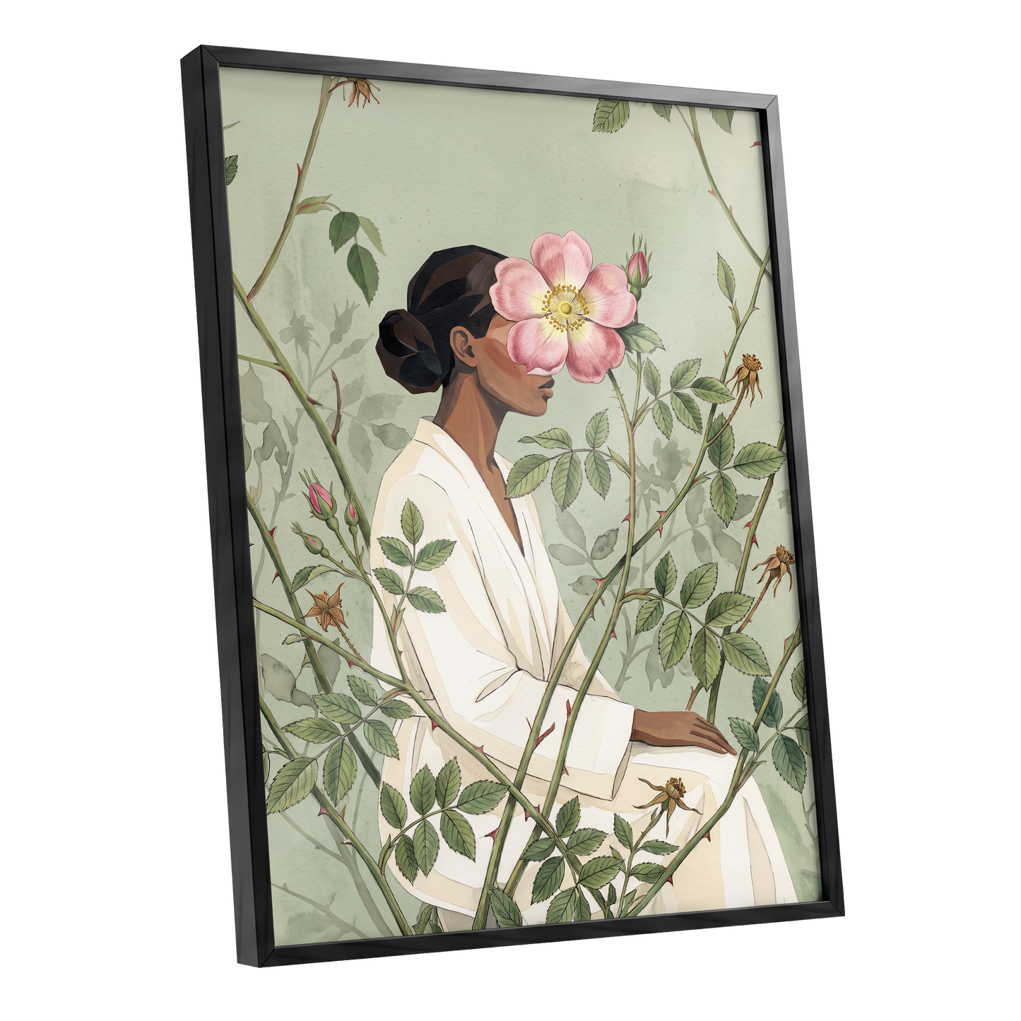 Rosebound Reverie, green, beige, pink floral wall art shown as a black framed poster wall art print