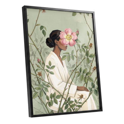 Rosebound Reverie, green, beige, pink floral wall art shown as a black framed poster wall art print