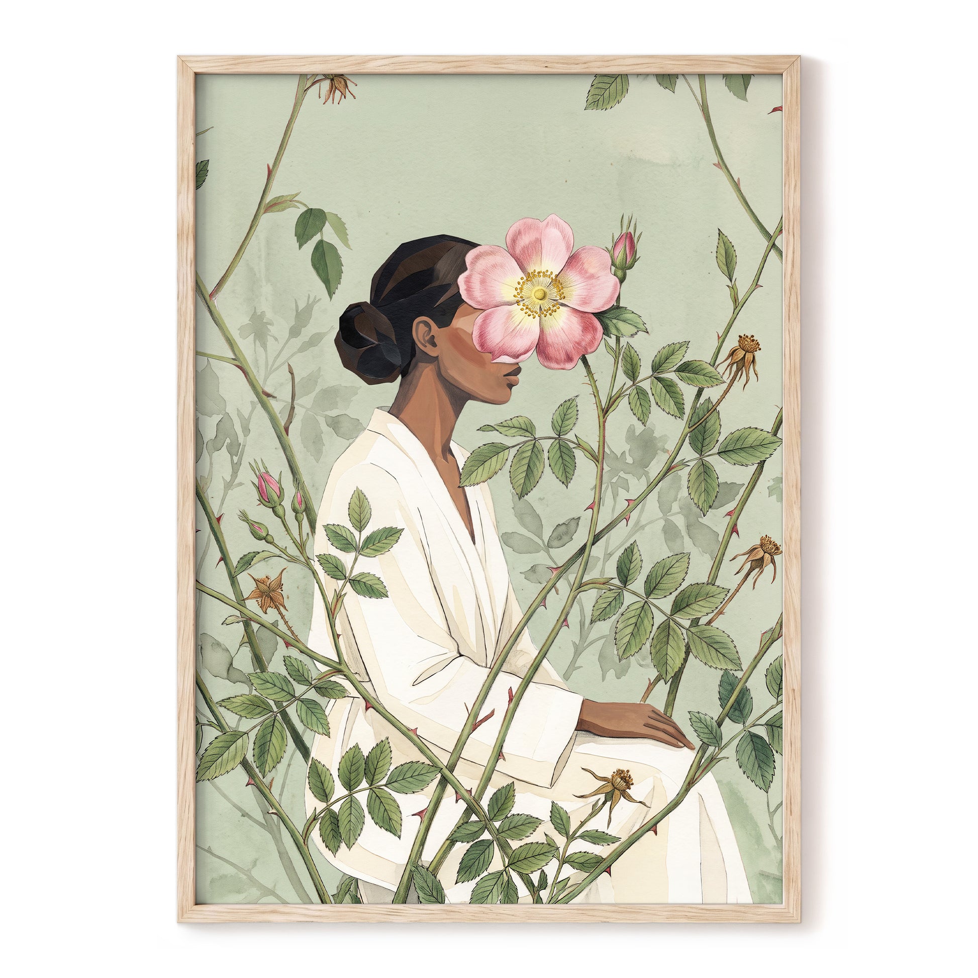 Rosebound Reverie, green, beige, pink floral wall art, front artwork view