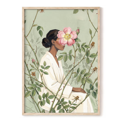 Rosebound Reverie, green, beige, pink floral wall art, front artwork view