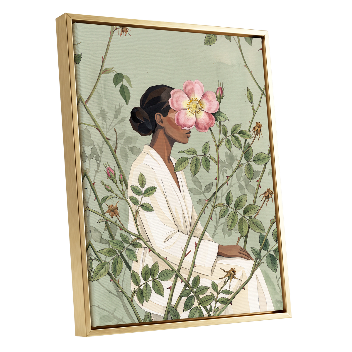Rosebound Reverie, green, beige, pink floral wall art shown as a gold framed canvas wall art