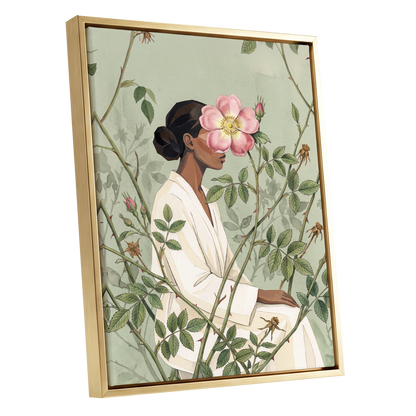 Rosebound Reverie, green, beige, pink floral wall art shown as a gold framed canvas wall art