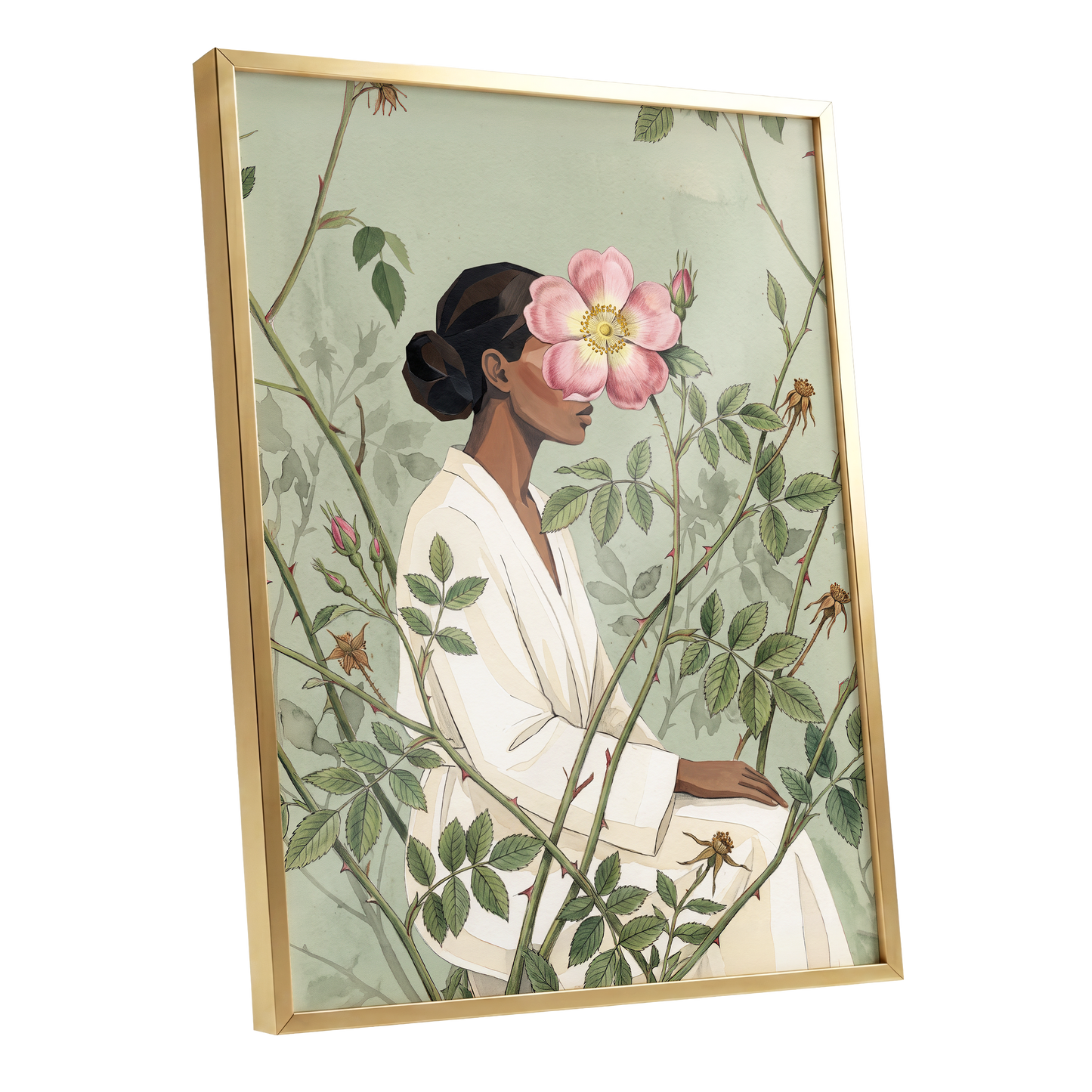 Rosebound Reverie, green, beige, pink floral wall art shown as a gold framed poster wall art print