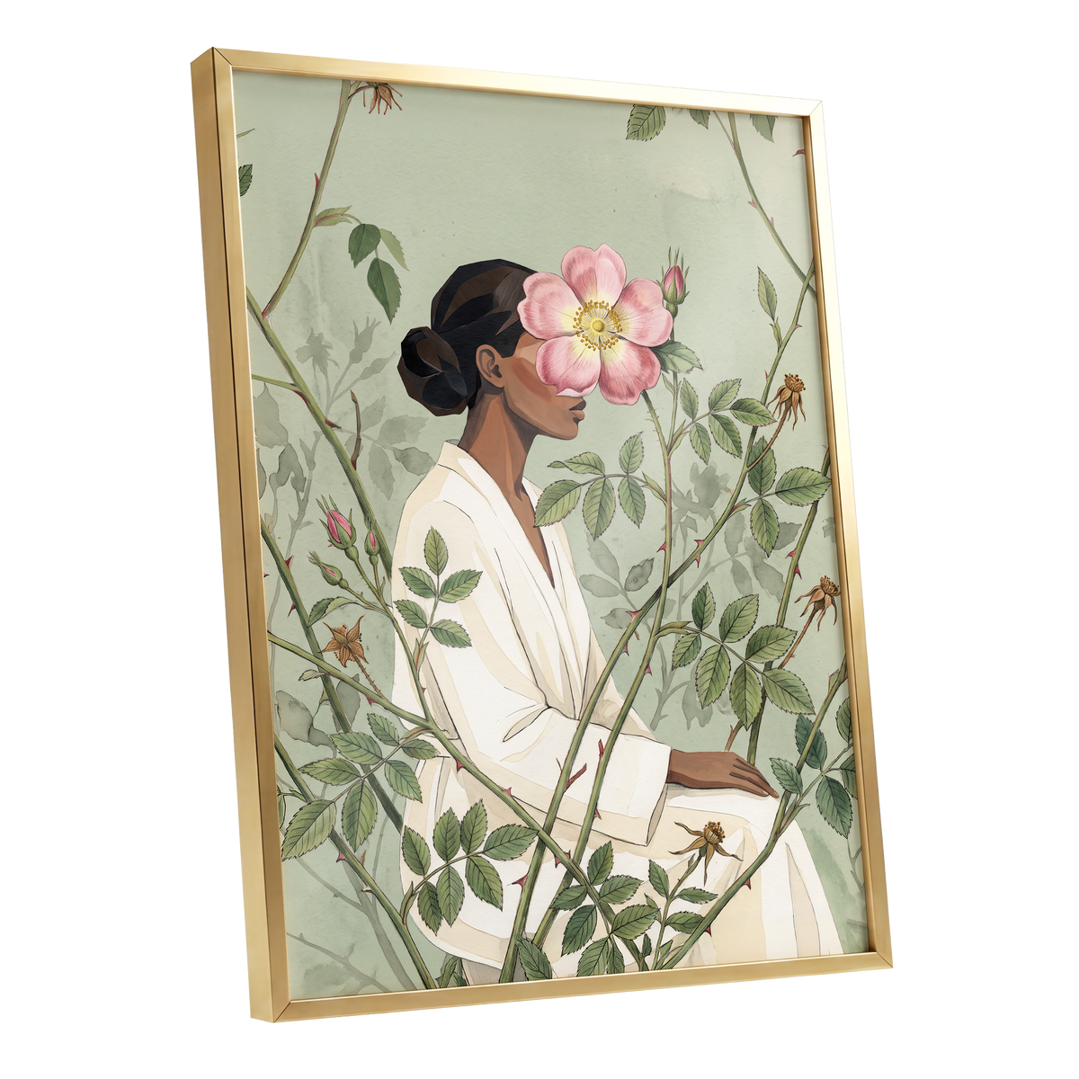 Rosebound Reverie, green, beige, pink floral wall art shown as a gold framed poster wall art print