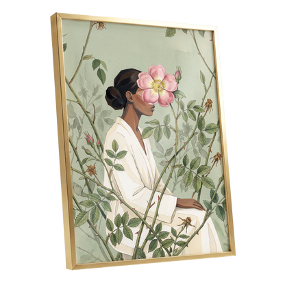 Rosebound Reverie, green, beige, pink floral wall art shown as a gold framed poster wall art print