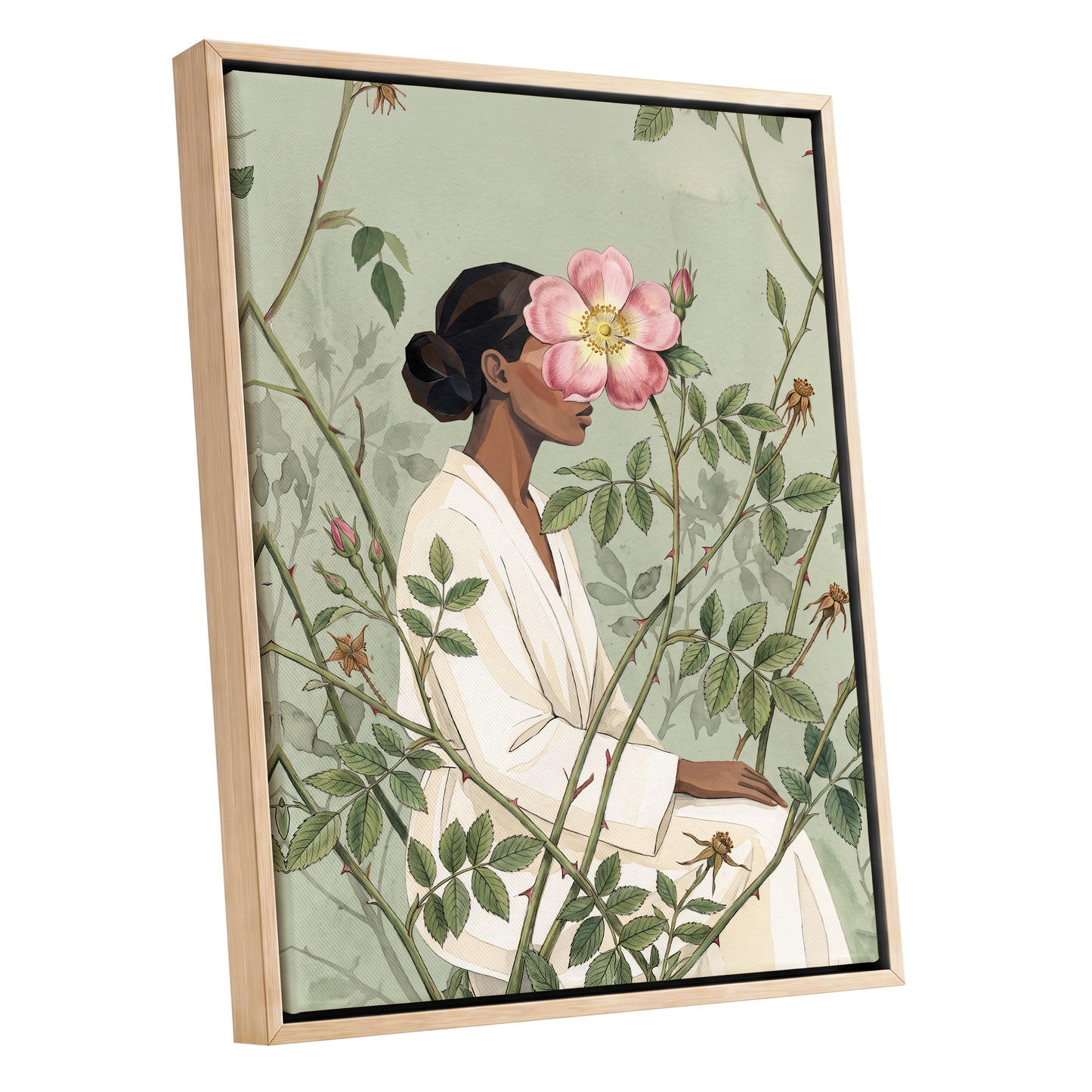 Rosebound Reverie, green, beige, pink floral wall art shown as a oak framed canvas wall art