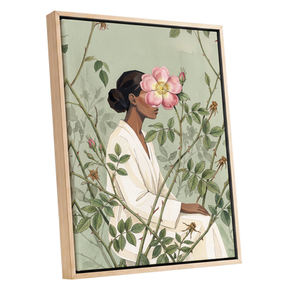 Rosebound Reverie, green, beige, pink floral wall art shown as a oak framed canvas wall art