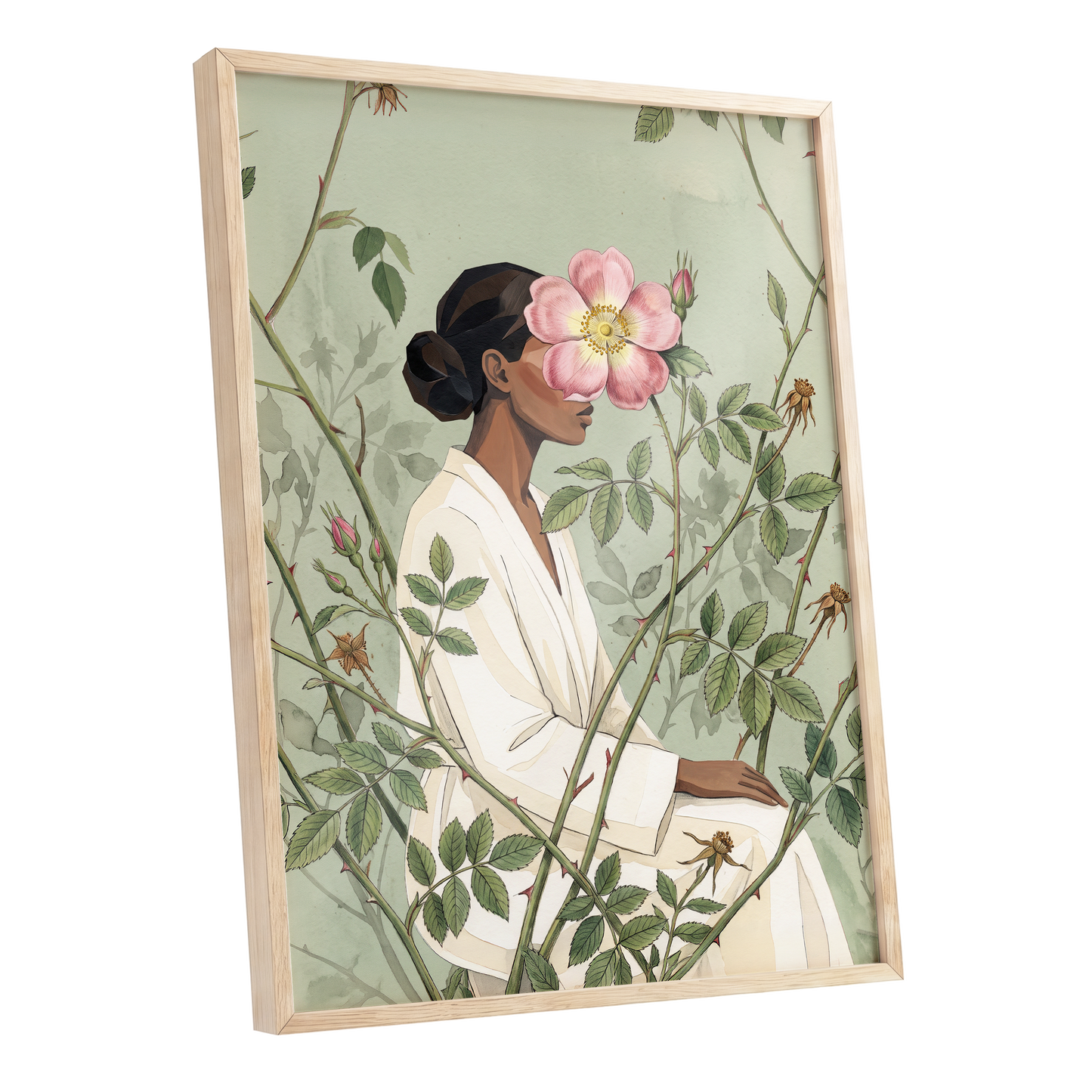 Rosebound Reverie, green, beige, pink floral wall art shown as a oak framed poster wall art print