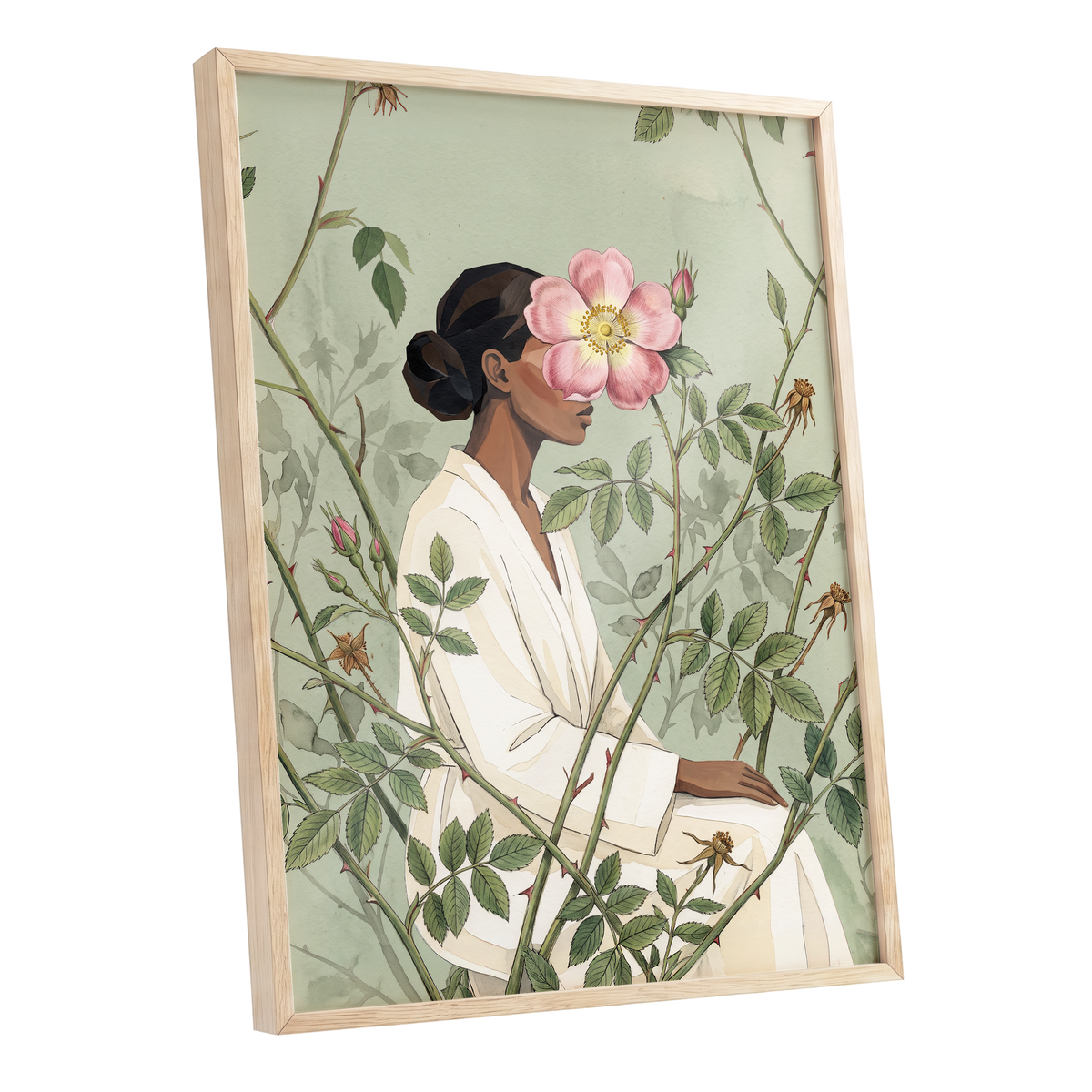 Rosebound Reverie, green, beige, pink floral wall art shown as a oak framed poster wall art print