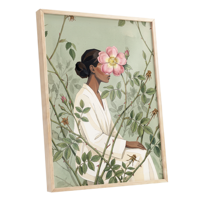 Rosebound Reverie, green, beige, pink floral wall art shown as a oak framed poster wall art print