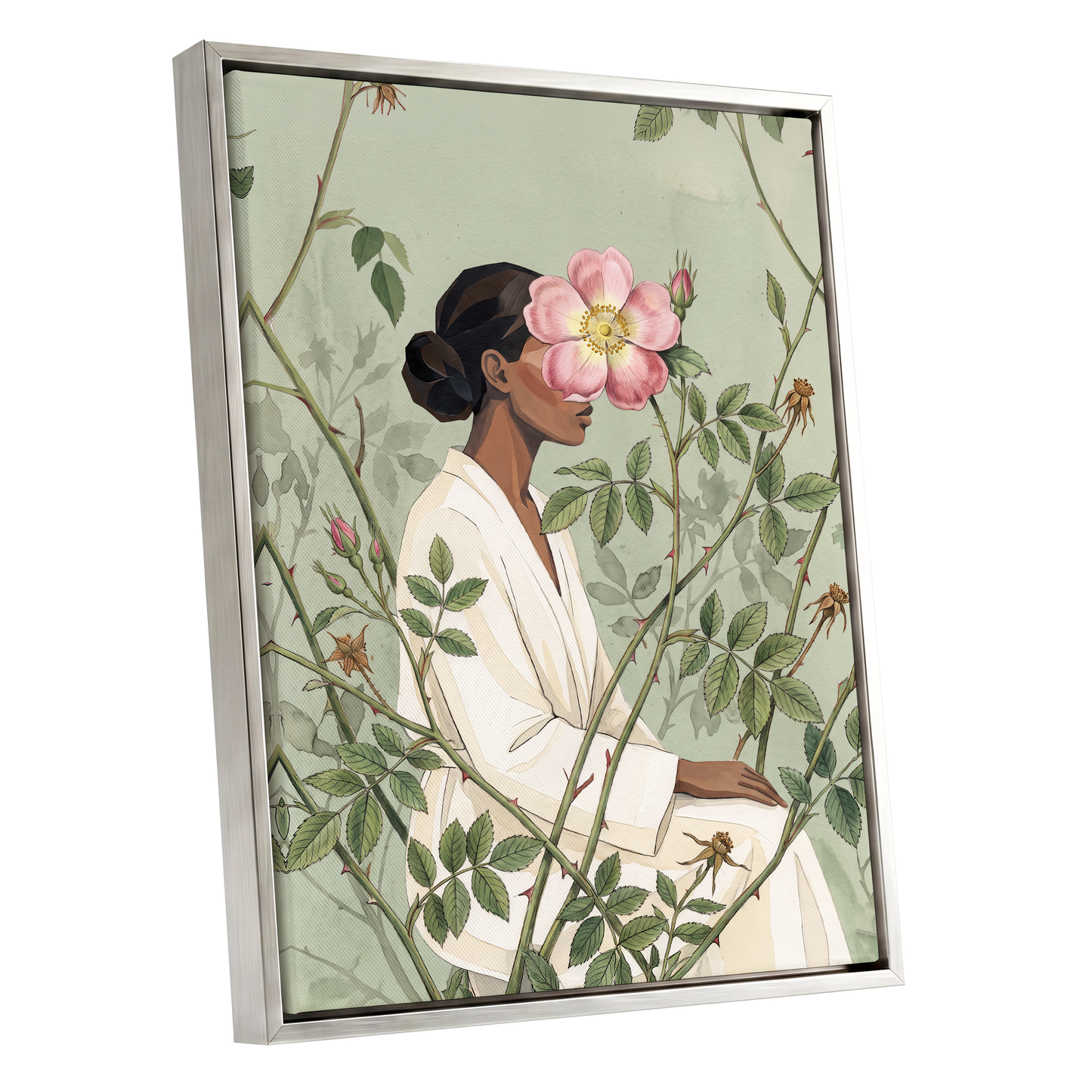 Rosebound Reverie, green, beige, pink floral wall art shown as a silver framed canvas wall art