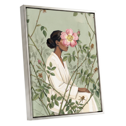 Rosebound Reverie, green, beige, pink floral wall art shown as a silver framed canvas wall art