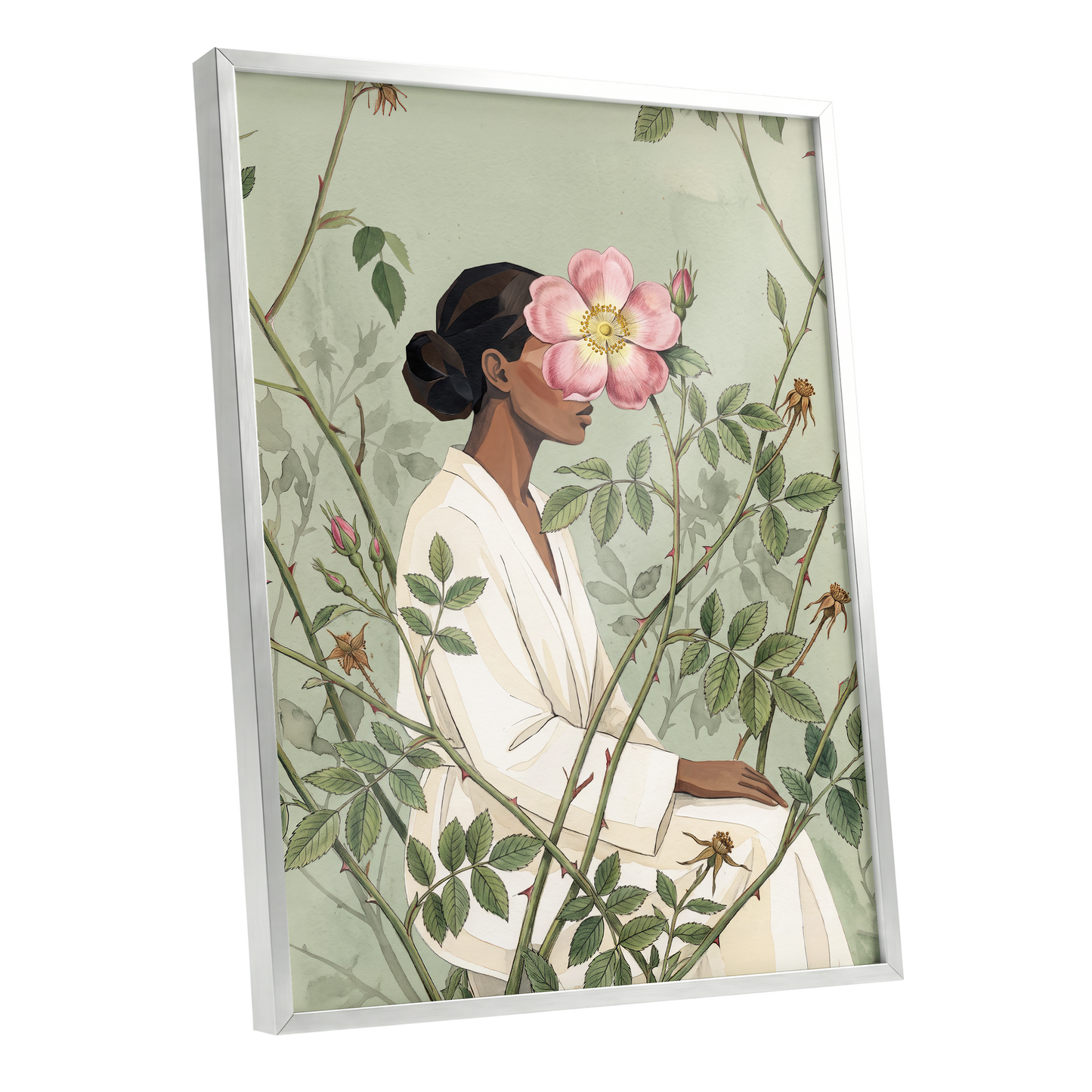 Rosebound Reverie, green, beige, pink floral wall art shown as a silver framed poster wall art print