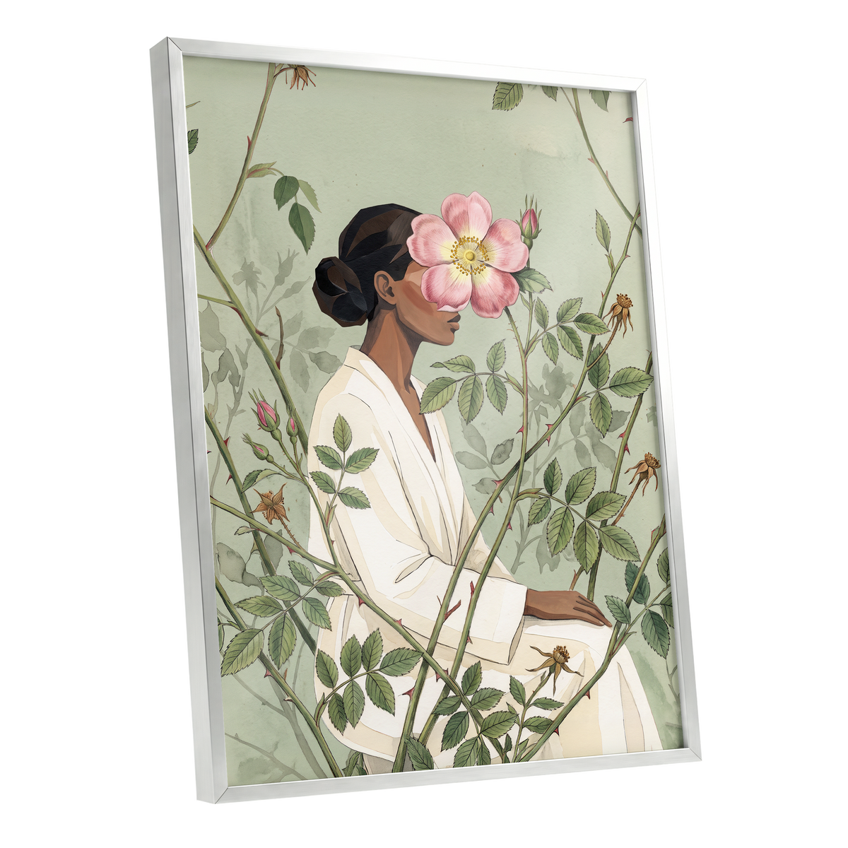 Rosebound Reverie, green, beige, pink floral wall art shown as a silver framed poster wall art print