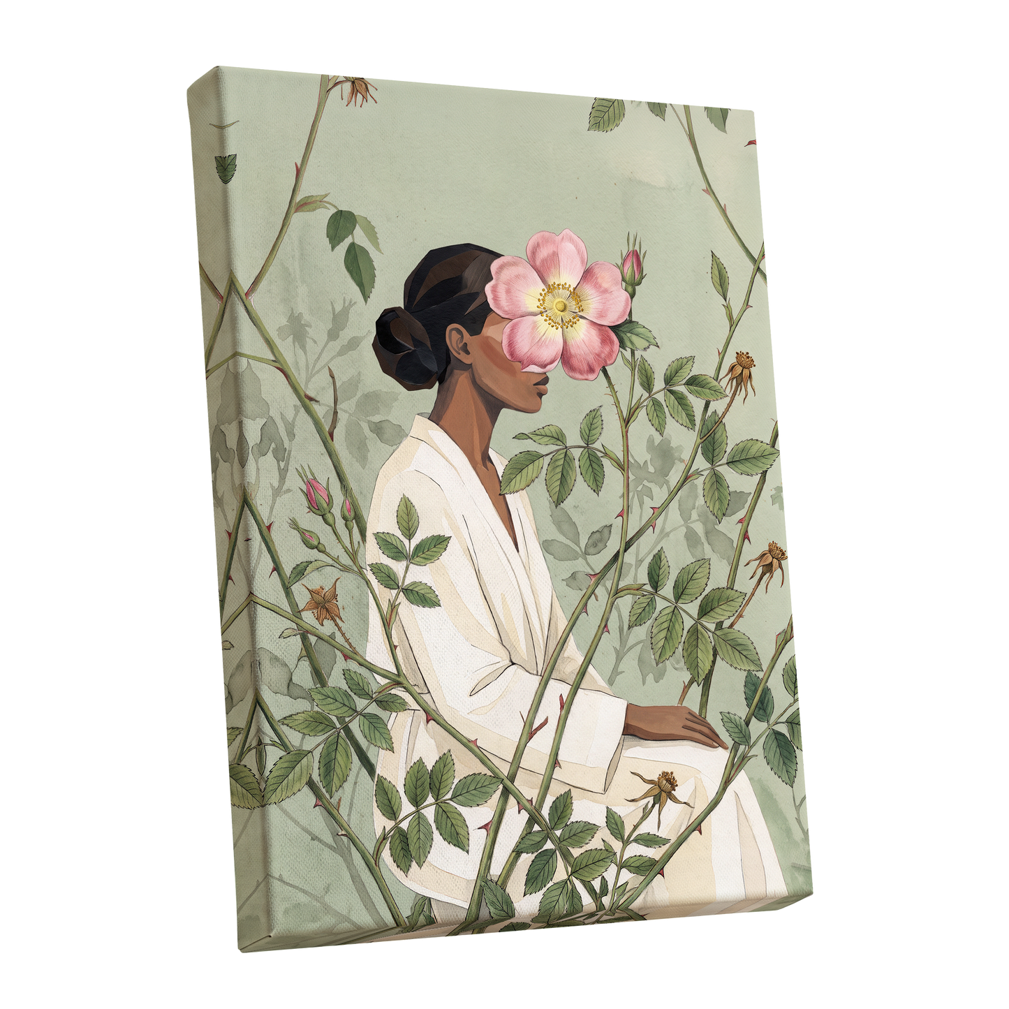 Rosebound Reverie, green, beige, pink floral wall art shown as a stretched canvas wall art