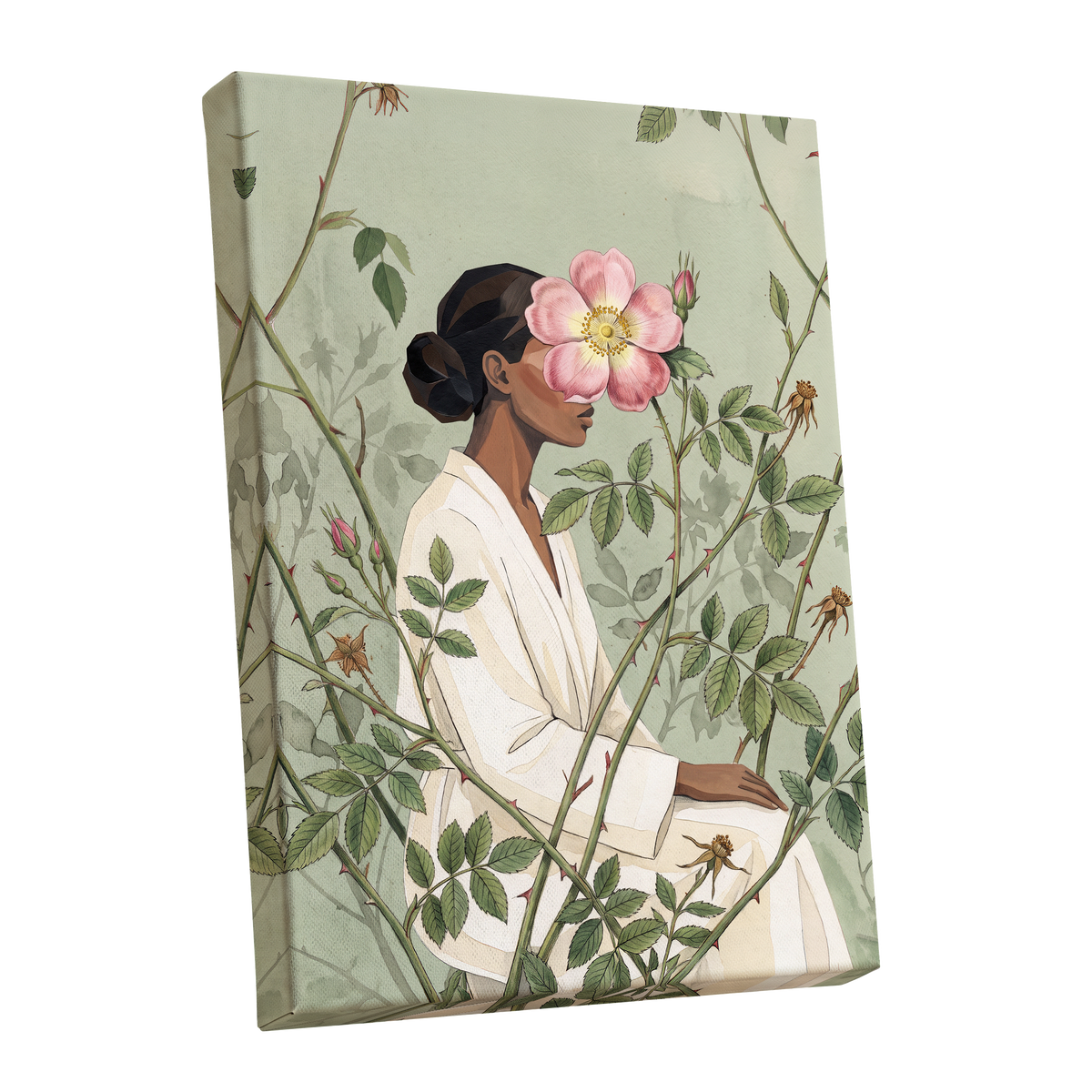 Rosebound Reverie, green, beige, pink floral wall art shown as a stretched canvas wall art