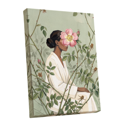 Rosebound Reverie, green, beige, pink floral wall art shown as a stretched canvas wall art