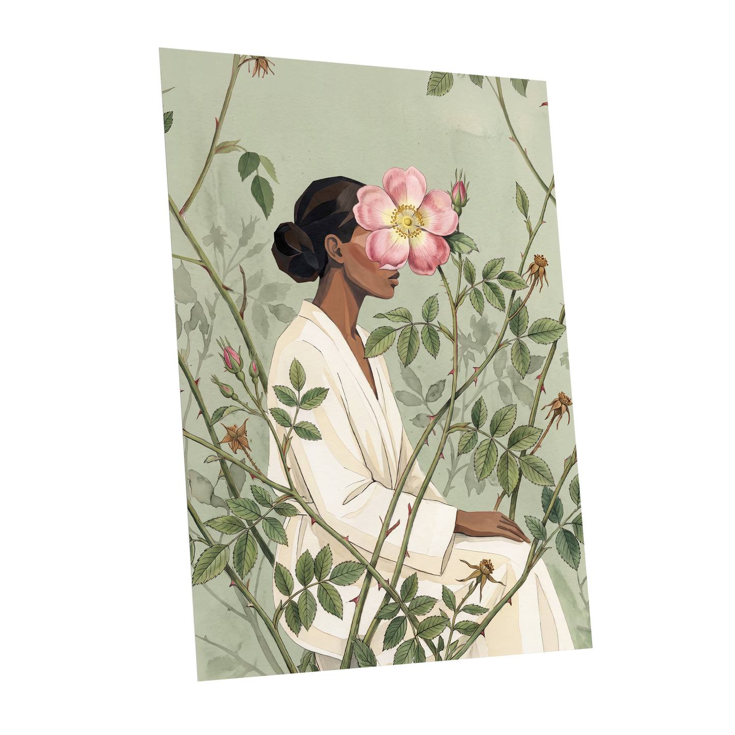 Rosebound Reverie, green, beige, pink floral wall art shown as a unframed poster wall art print