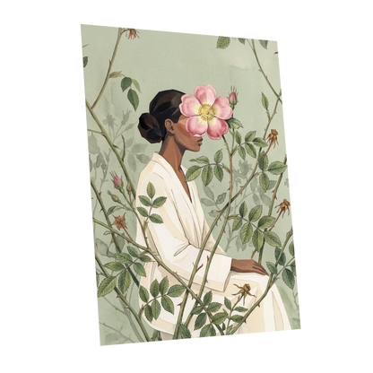 Rosebound Reverie, green, beige, pink floral wall art shown as a unframed poster wall art print