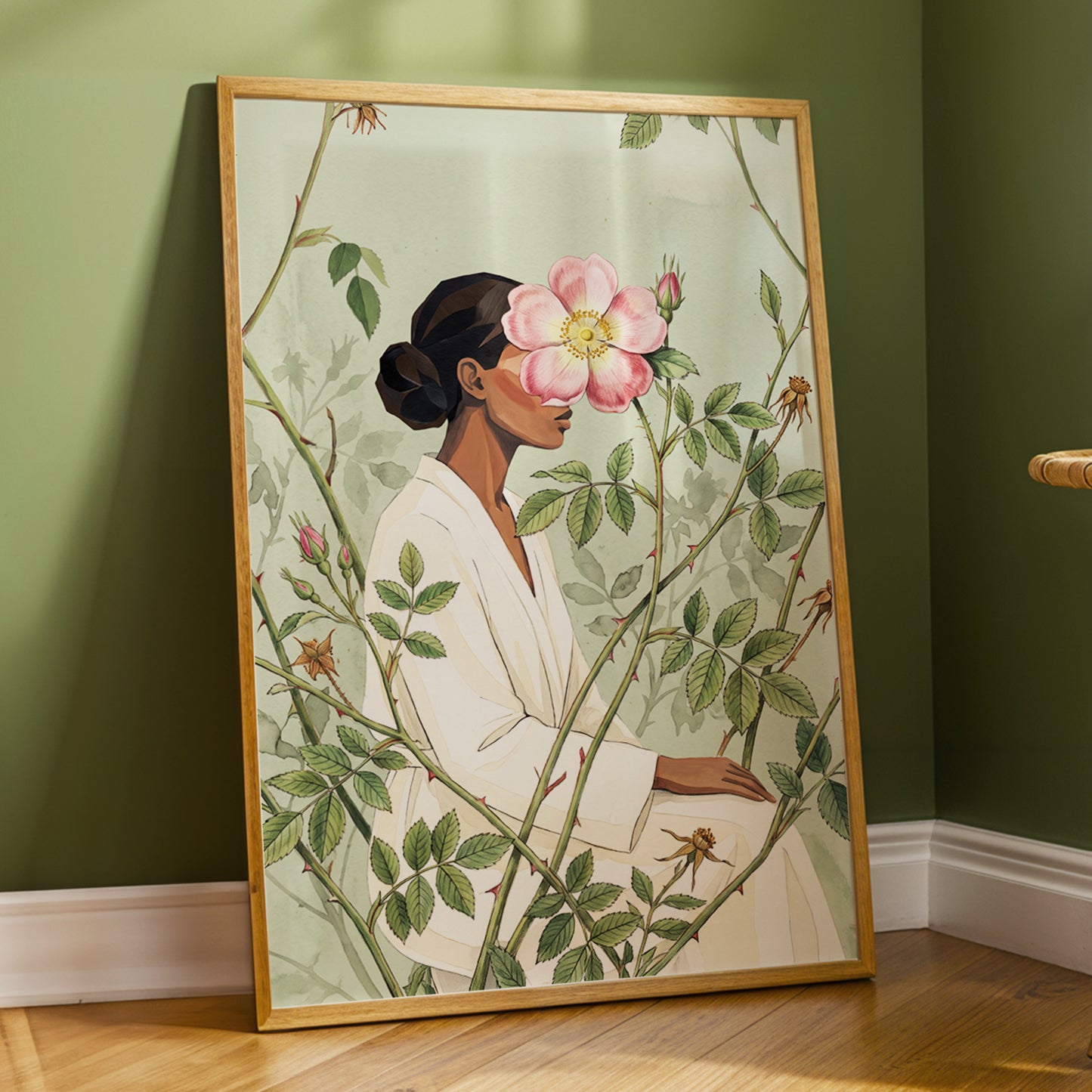 Rosebound Reverie, green, beige, pink floral wall art displayed in a styled interior, gallery view 2