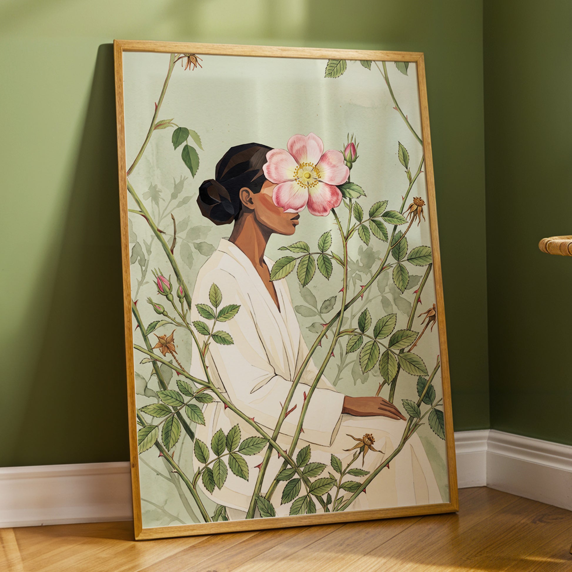 Rosebound Reverie, green, beige, pink floral wall art displayed in a styled interior, gallery view 2