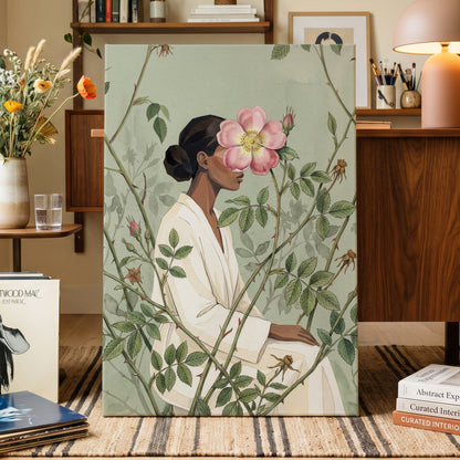 Rosebound Reverie, green, beige, pink floral wall art displayed in a styled interior, gallery view 3