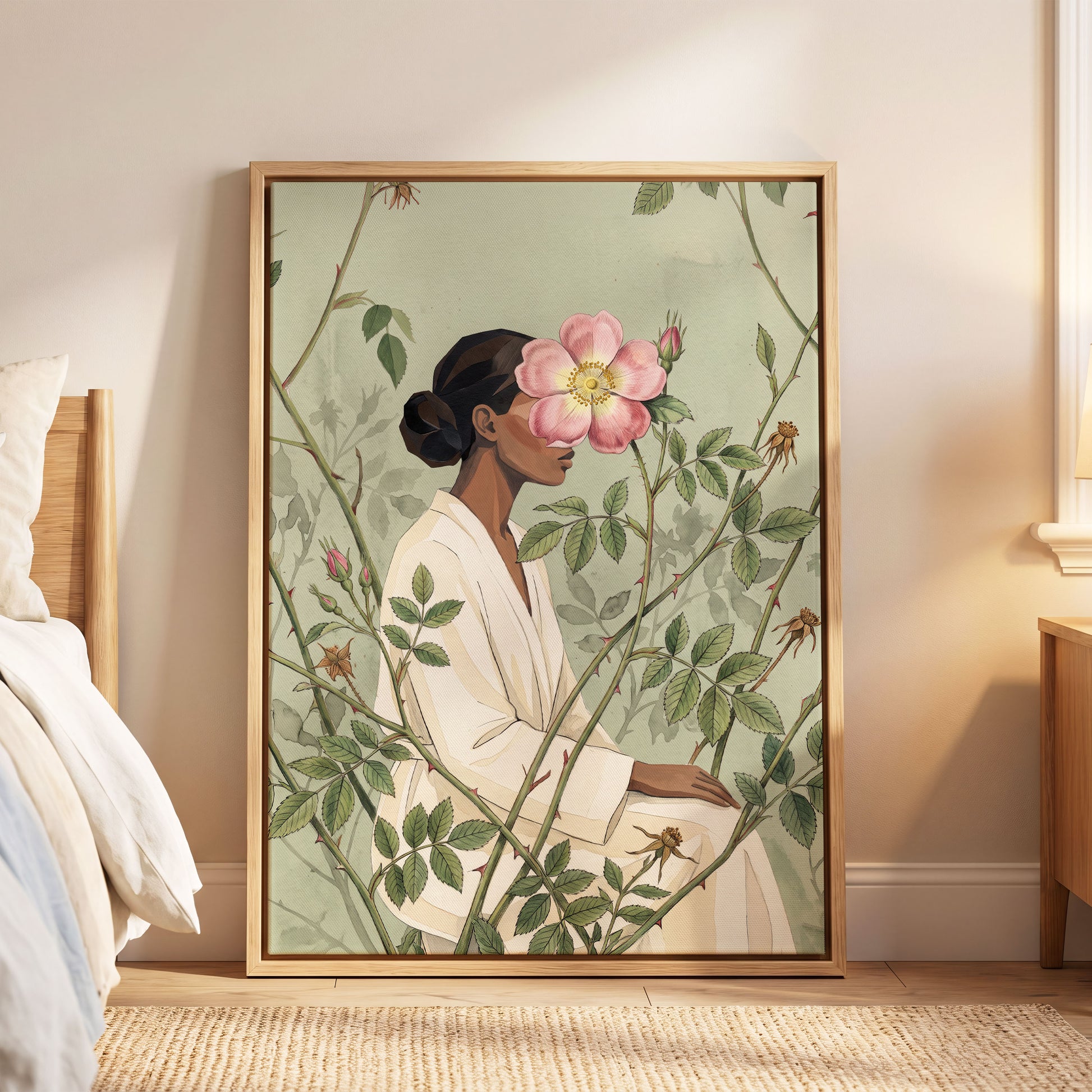Rosebound Reverie, green, beige, pink floral wall art displayed in a styled interior, gallery view 4